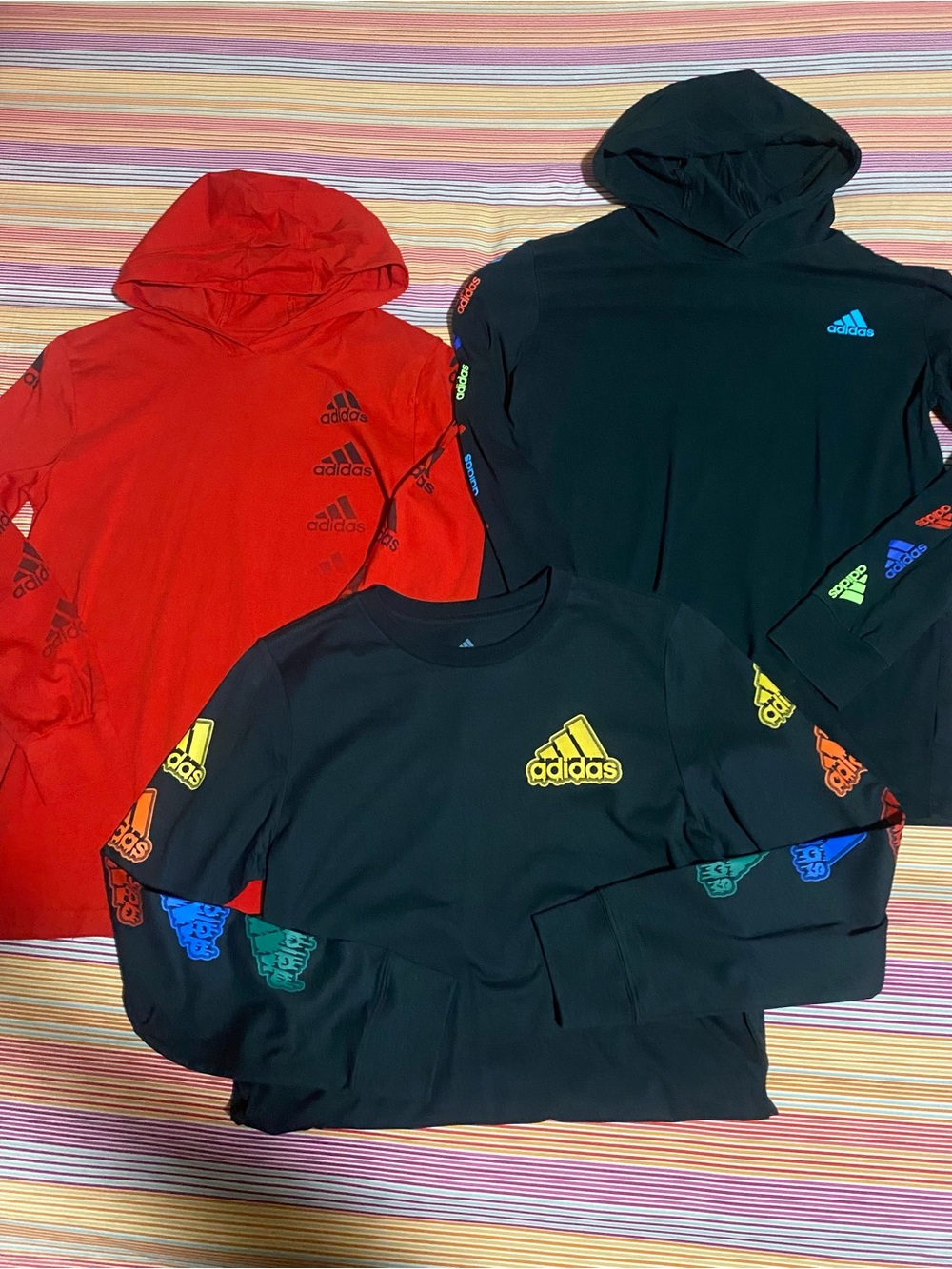 Adidas Trio Hoodie Long Sleeve tshirts- Black & Red with Multicolor tLogos